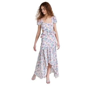 Likely Shondra Floral Maxi Dress Puff Sleeve Cut-Out Tie Back Tiered Skirt Gown
